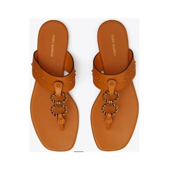 Tory Burch Perrine Vintage Plaque Leather Flat Sandals Brown Womens Size 6 NWOT - Picture 1 of 12